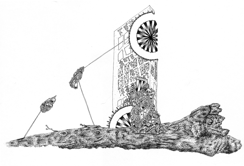 Black ink drawing of a fallen tree in front of a building on a white background